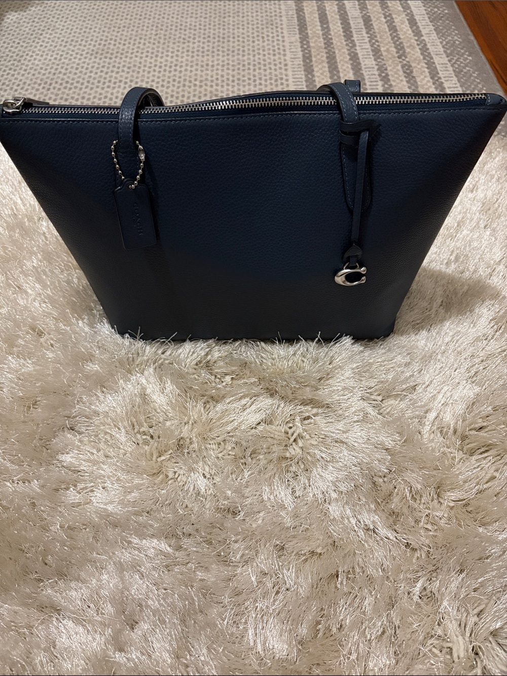 Blue Leather Tote Bag with Silver Accent